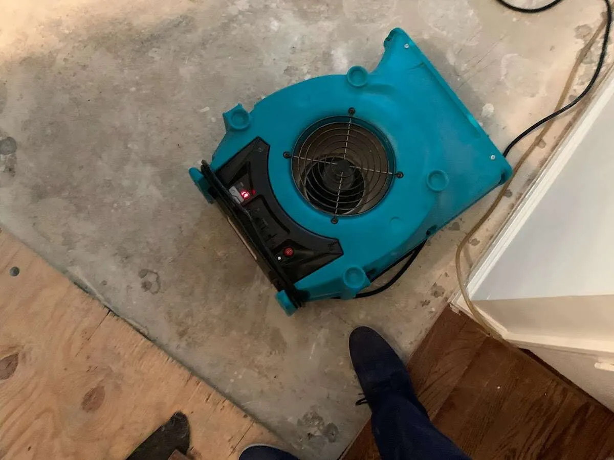 Air mover drying subfloor during Leak Detection & Repair in South Fayette